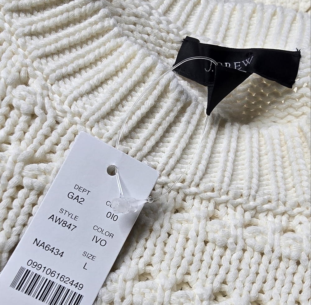 J Crew Balloon Sleeve Pointelle Sweater Cream Off-White Cotton Blend NWT Size L - Picture 6 of 11
